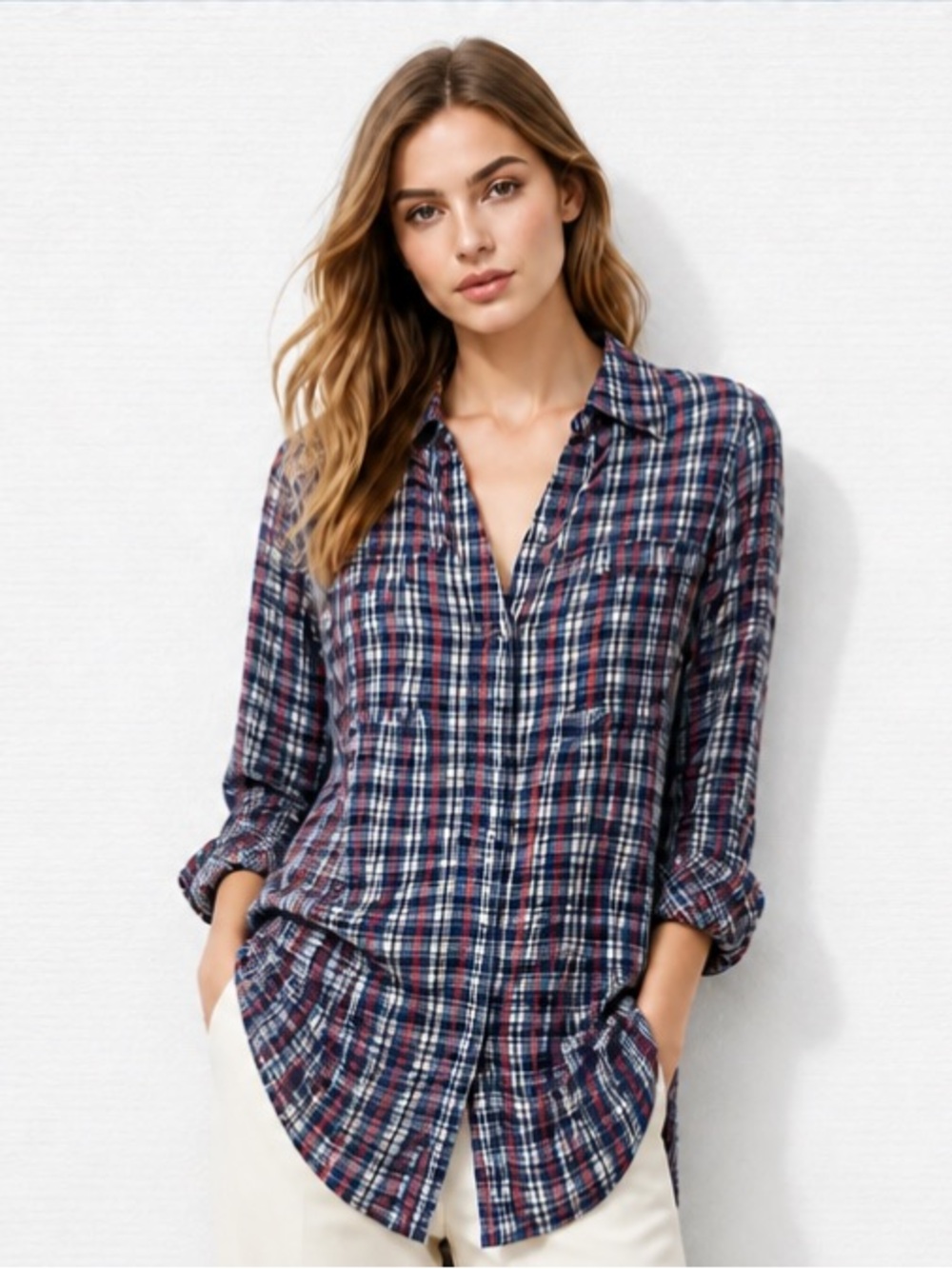 JOIE Blouse Top Plaid Lightweight Blue Pleated Peasant Button Down Collar Sz XS